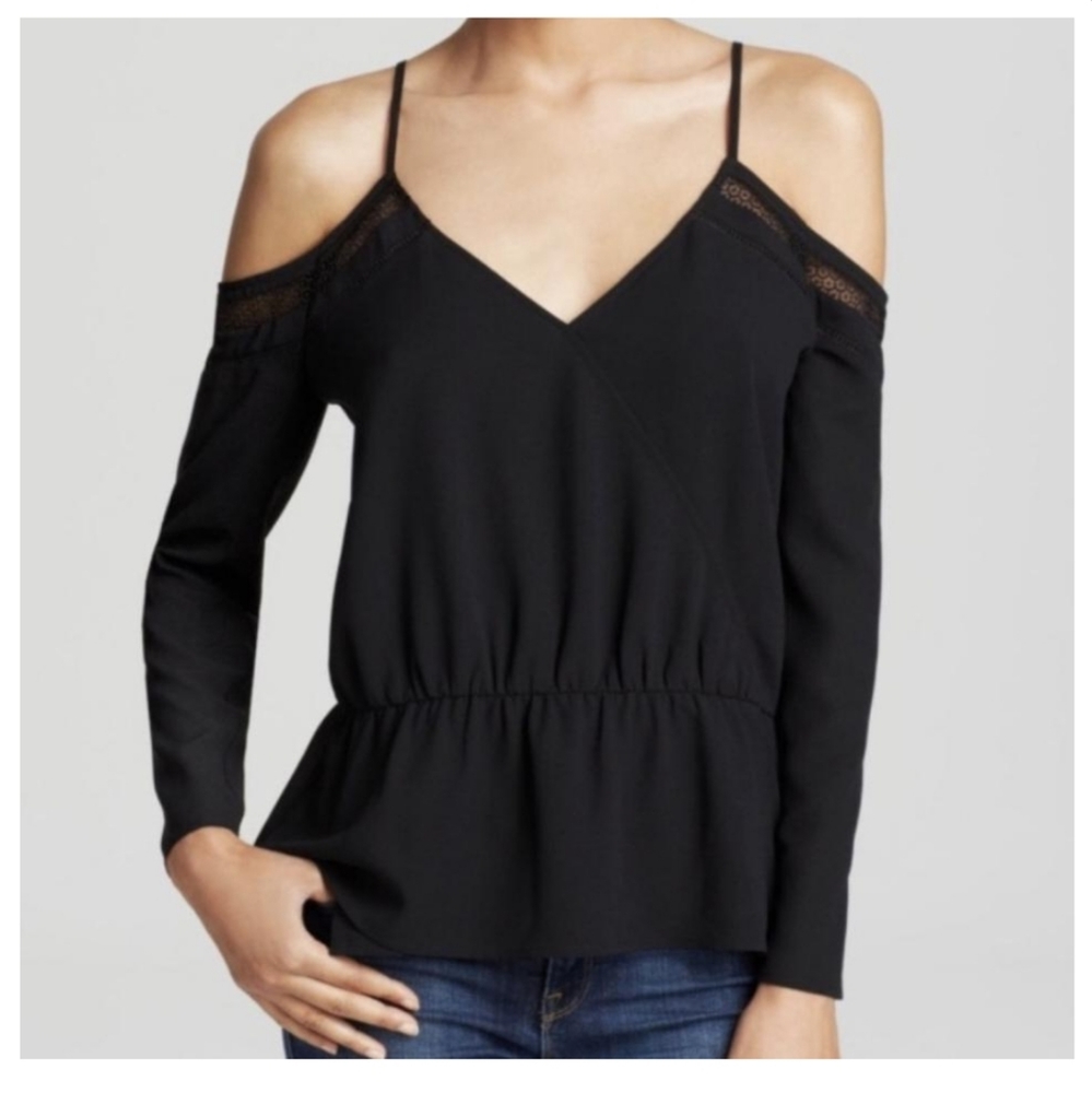 cooper & ella cold shoulder 3/4 sleeve black blouse with crochet detail